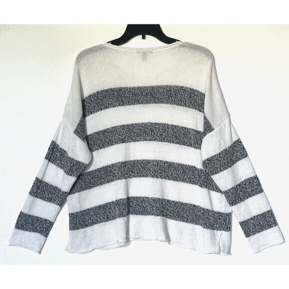 Eileen Fisher White Gray Stripes 100% Organic Linen Knit Sweater Pullover - Picture 3 of 9